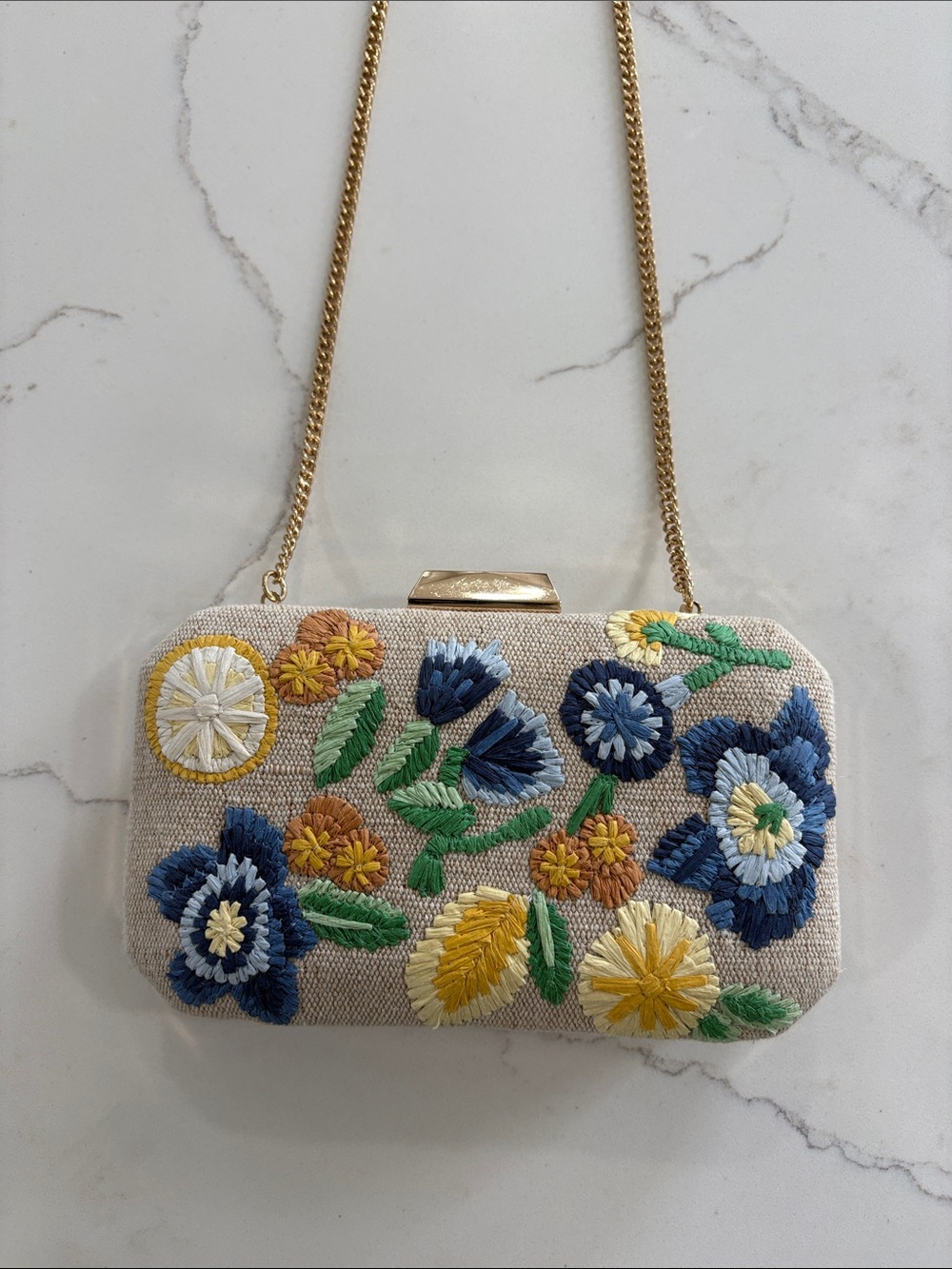 Embroidered Floral Natural Beige Linen Clutch Purse with Gold Chain Strap